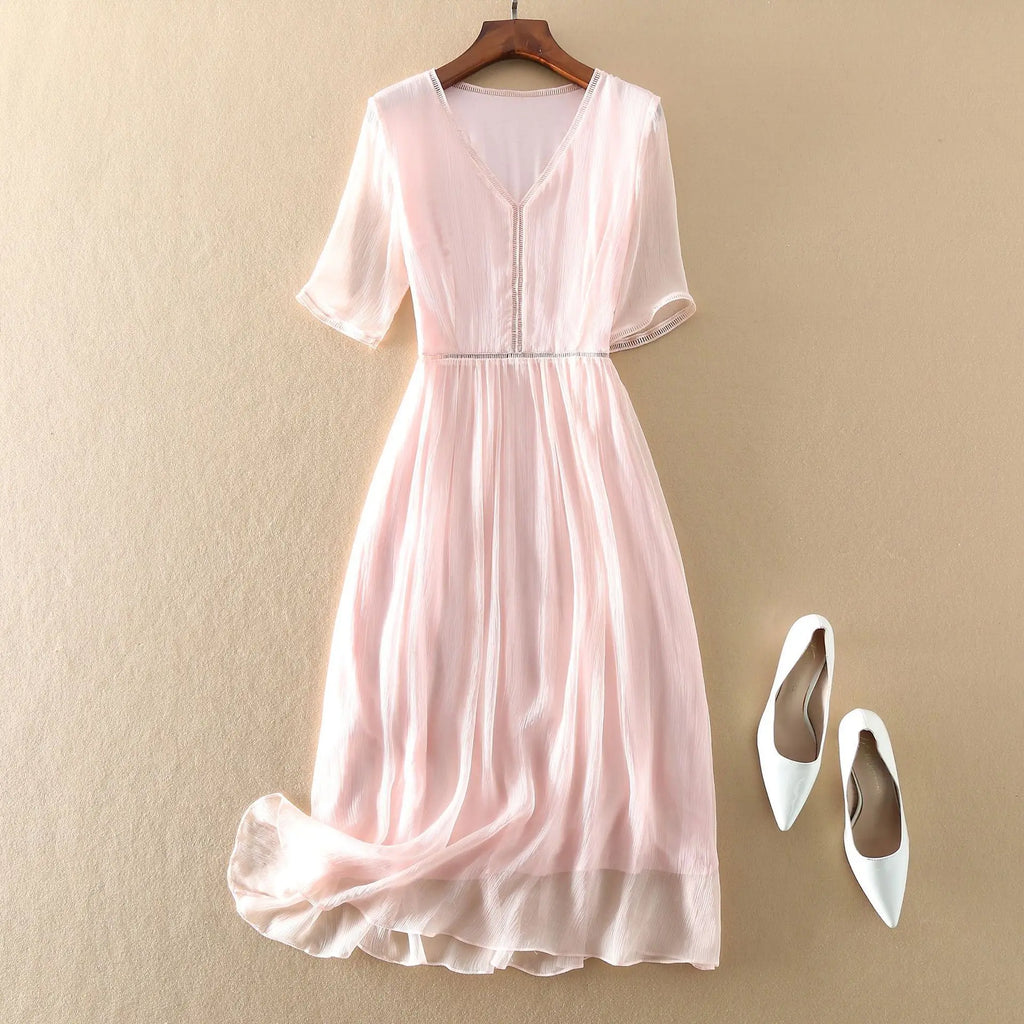 KMETRAM 100% Natural Mulberry Silk Dresses 2025 Woman Summer Elegant V-neck Long Dress Party Frocks Women Clothing Vestidos
