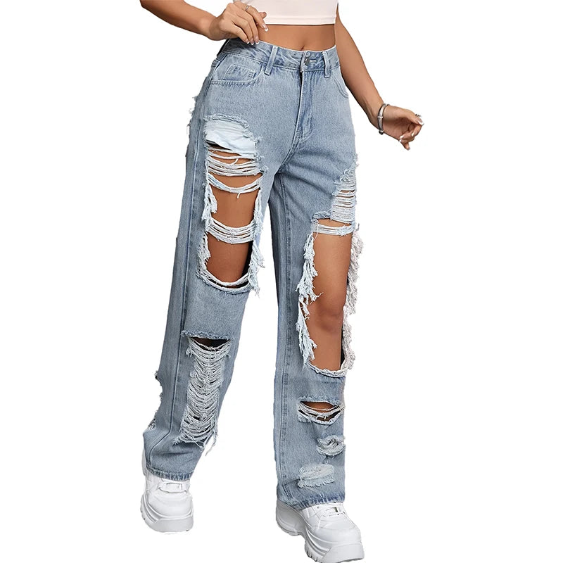Y2K American Retro Jeans 2026 Light Washed Ripped Denim Pants High Waist Baggy Straight Leg Autumn Trend