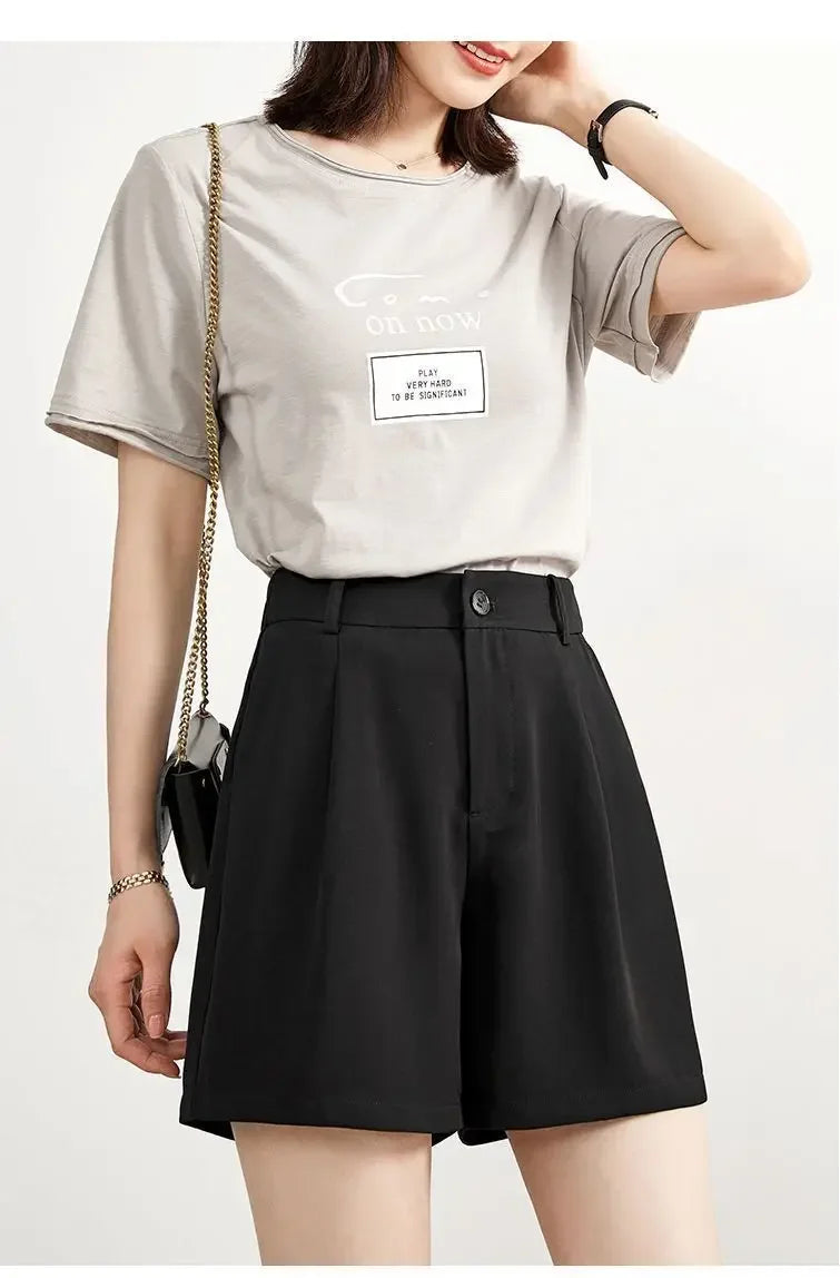 Suit Shorts Women Wear Loose Waist Tight Waist High Thin Loose Straight Leisure A -line Wide -legged Female Three -point Pants