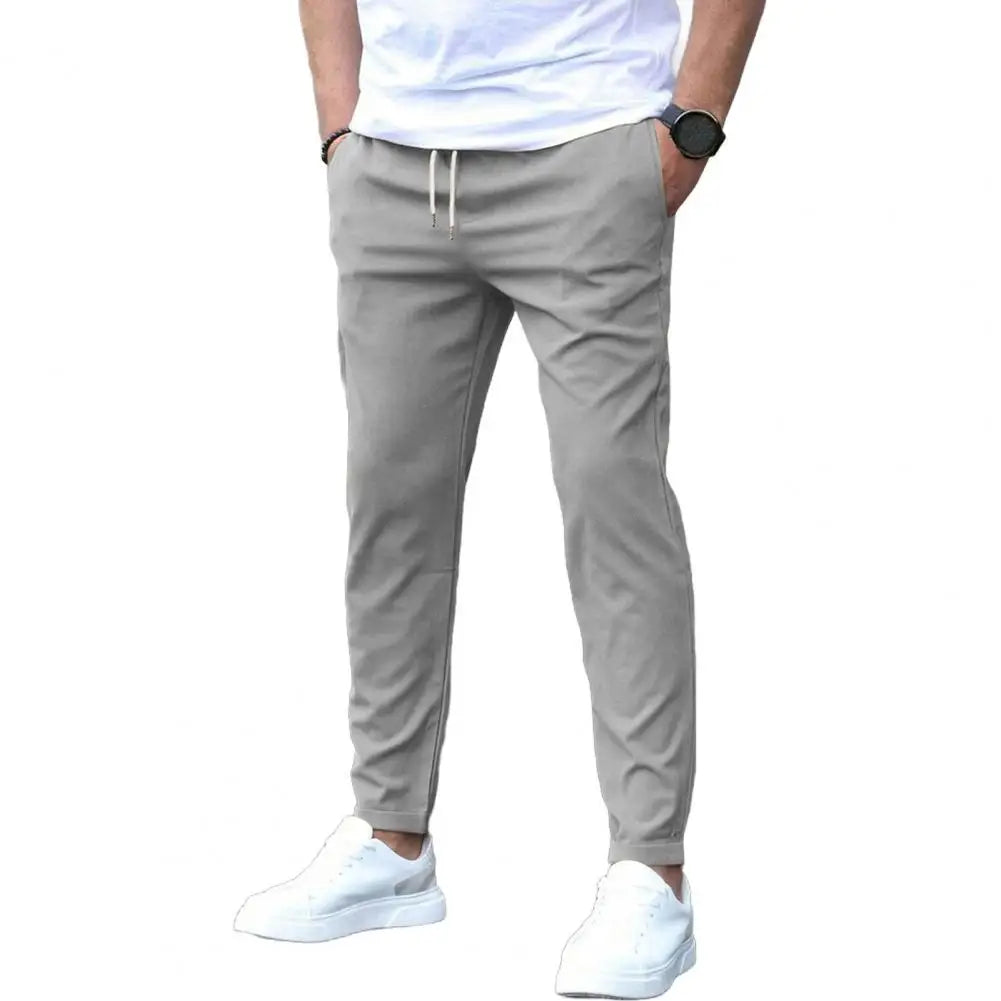 Slim Fit Pants Stylish Men's Slim Fit Drawstring Pants with Side Pockets for Commuting Travel Gym Elastic Waist Casual Trousers