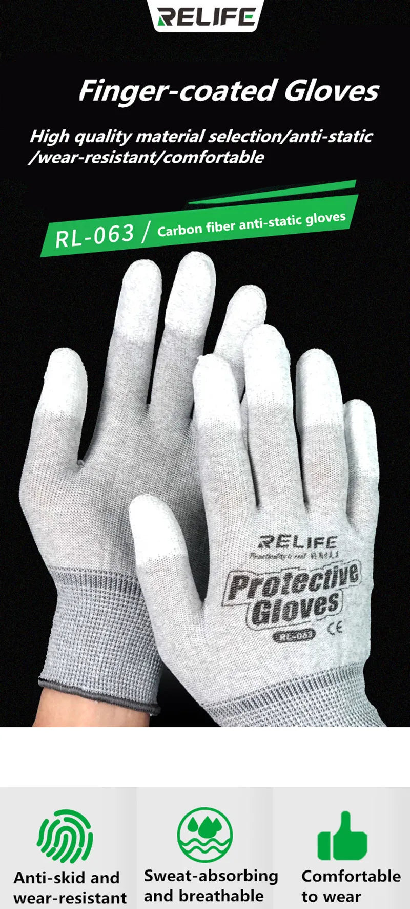 RELIFE RL-063 Anti-Static Gloves for Phone Computer Repair Antiskid ESD Electronic Working Coated Finger Protection Gloves