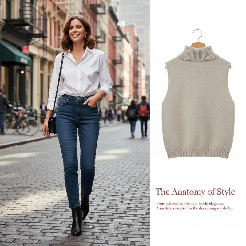 Autumn Winter Korean Solid Color Lapel Sleeveless Versatile Casual Knitted Vest For Women
