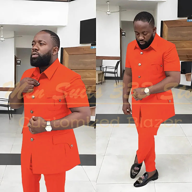 Summer Men's Suits Solid Color Short Sleeve Single Breasted Stand Lapel Casual Outfits 2 Piece Jacket Pants Set Slim Fit Terno