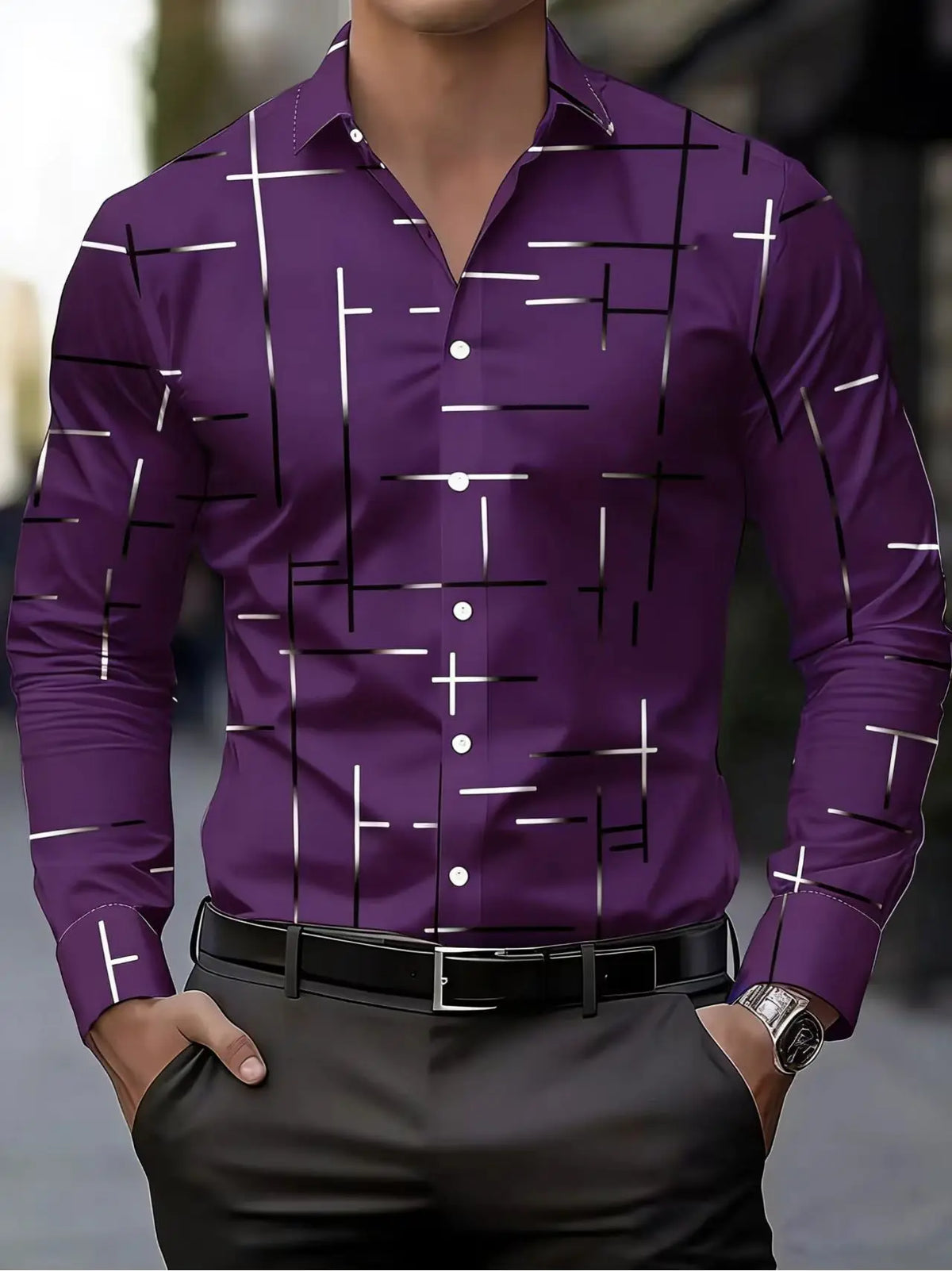 Men's Casual Geometric Print Long Sleeve Shirt - Breathable Button-Up Shirt for Spring and Autumn, Suitable for Modern Business