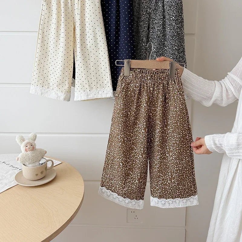 Korean Style Baby Girls Polka Dot Wide Leg Pants Lace Hem Loose Trousers Toddler Kids Elastic Waist Casual Fashion Pants