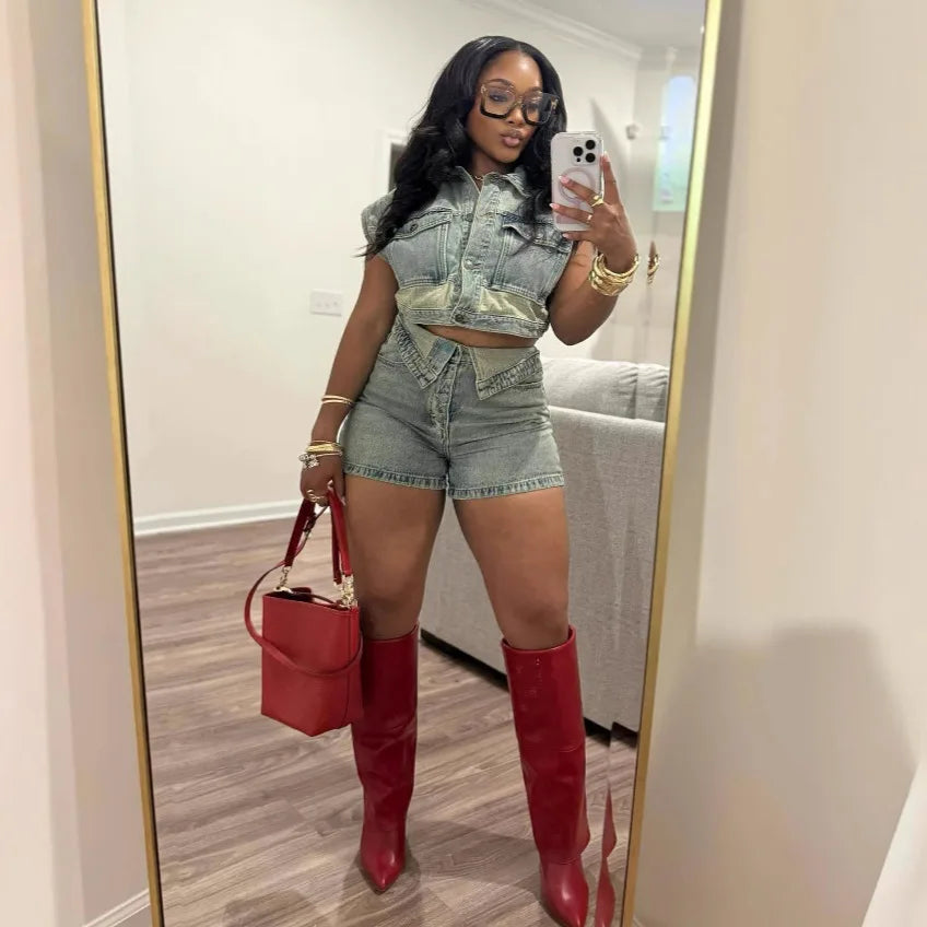 Shorts Sets Women Denim 2 Piece Suit Top Jeans Ensemble Summer 2025 Single Breasted Turn Down Collar Short Pants Vintage Outfits