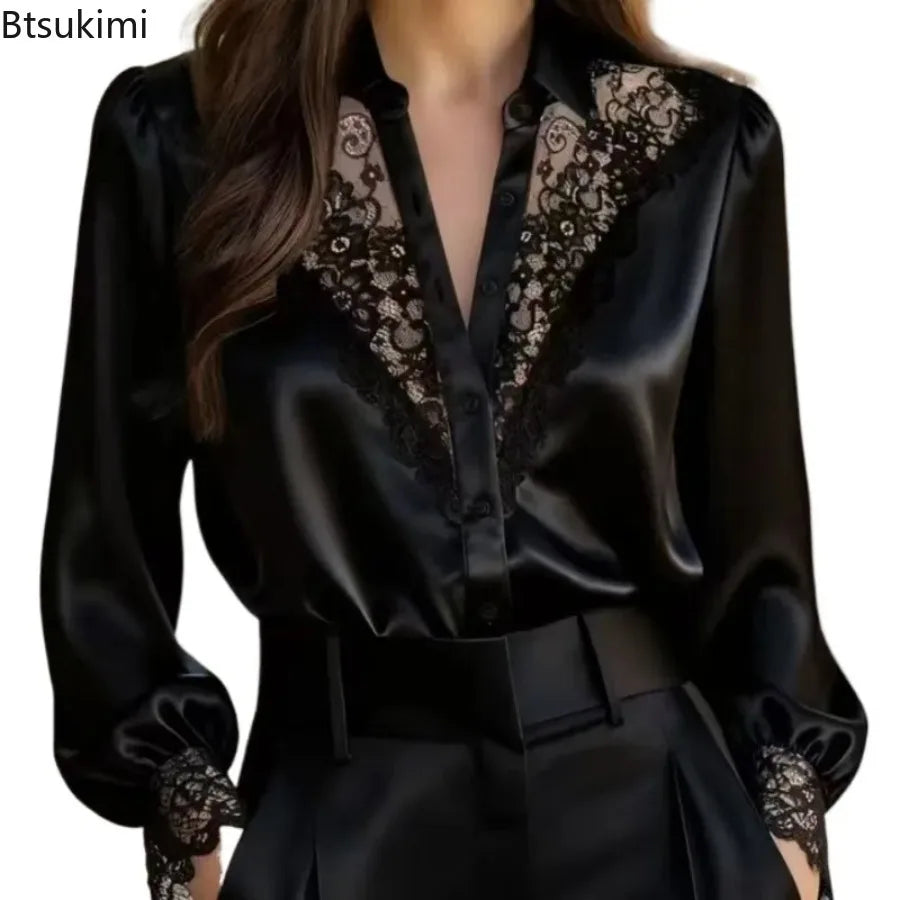 Sexy Lace Spliced Shirts for Women Spring Autumn Casual Turn Down Collar Long Puff Sleeve Slim Tops Office Lady Elegant Blouses