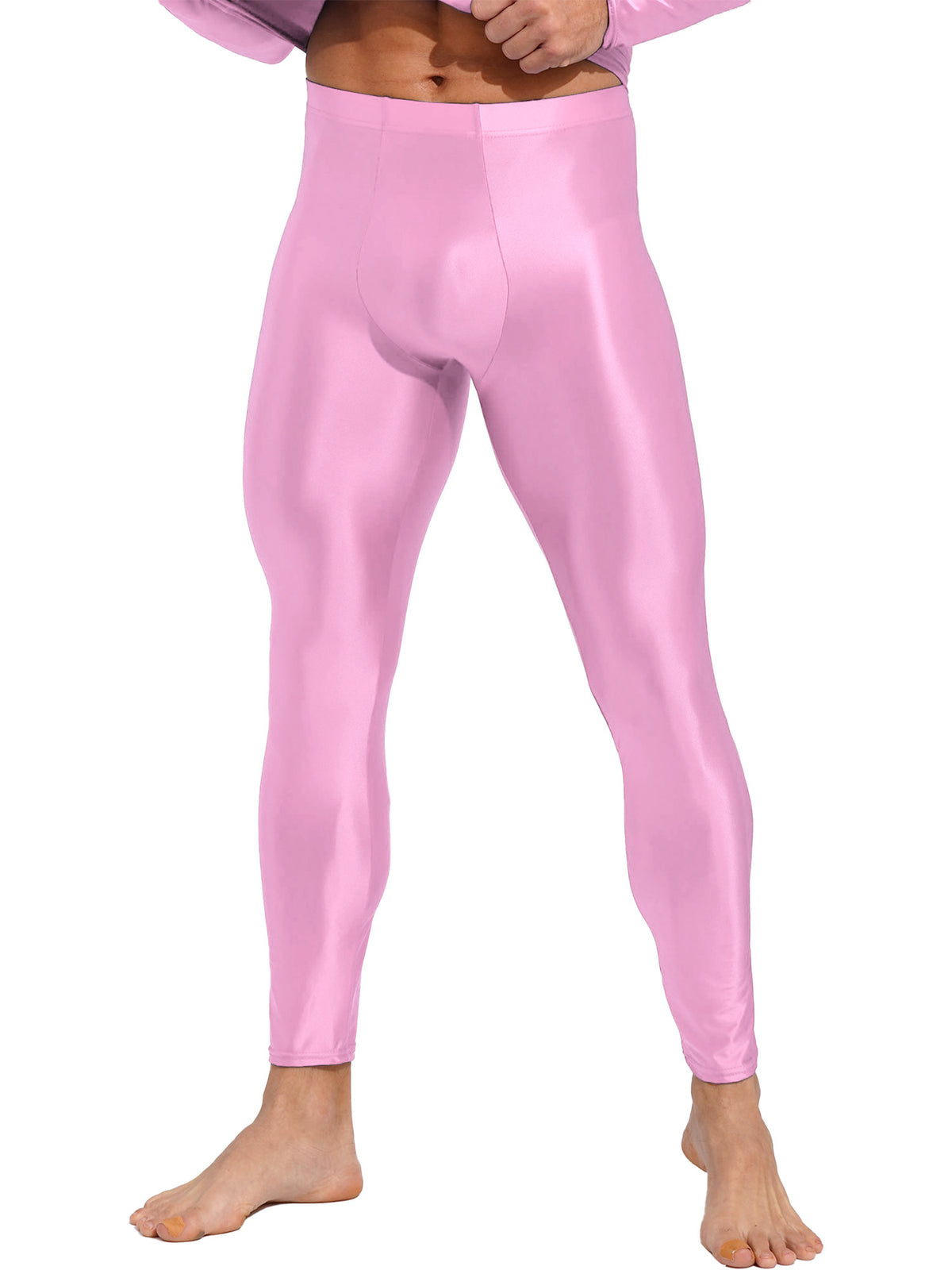 Men Elastic Waistband Skinny Shiny Yoga Tights Pants Solid Color Leggings Exercise Running Gym Fitness Training Sportswear