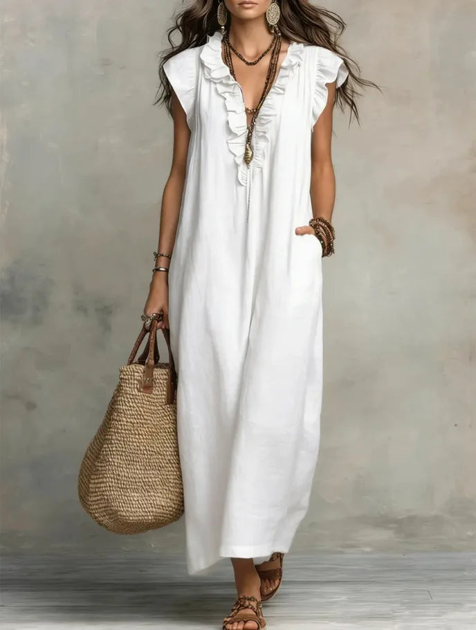 Women Spring Summer Boho Flutter Sleeve Floor Length Maxi Dress Elegant Beach Long Dress