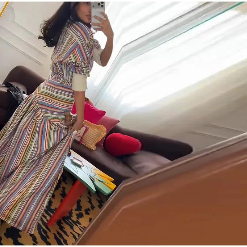 Multicolor Striped Shirt 2 Picec Set Button Front Blouse High Waist Flared Hem Maxi Skirt 2026 Summer Elegant Lady Vacation Suit
