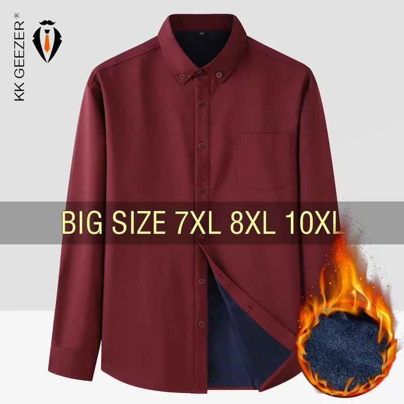 Men Shirt Casual Warm Fleece Long Sleeve Red Plus Size 6XL 7XL 8XL 10XL Oversize Formal Autumn Winter Flannel Thick High Quality