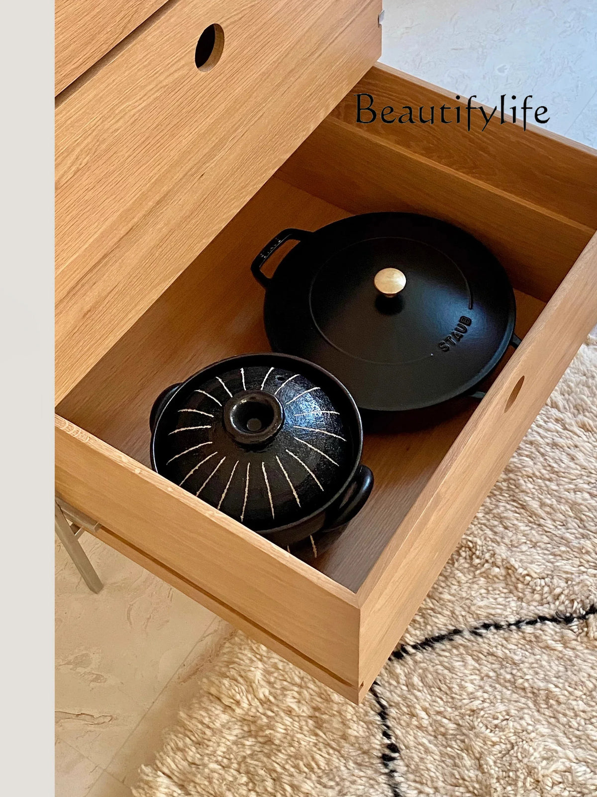 X Nordic Original Oak Chest Cabinet, Log Dining Side Storage Cabinet, Minimalist Stainless Steel Multi-functional Cabinet