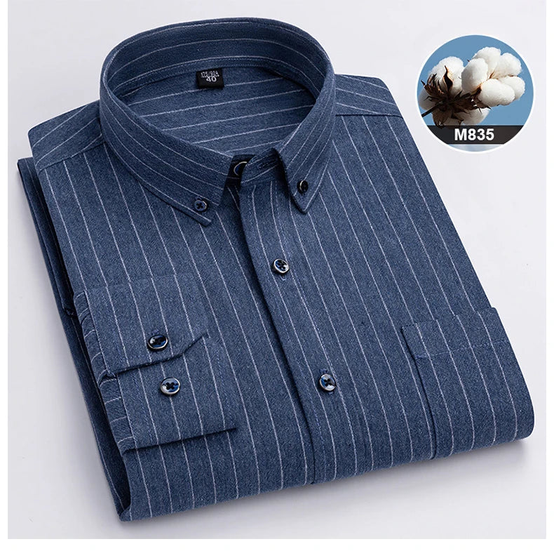 New in ShirtPlus Size 7XL 100% Cotton Sanding Long-Sleeve Shirts for Men Slim Fit Plain Shirt Striped Plaid Single Pocket Clothe
