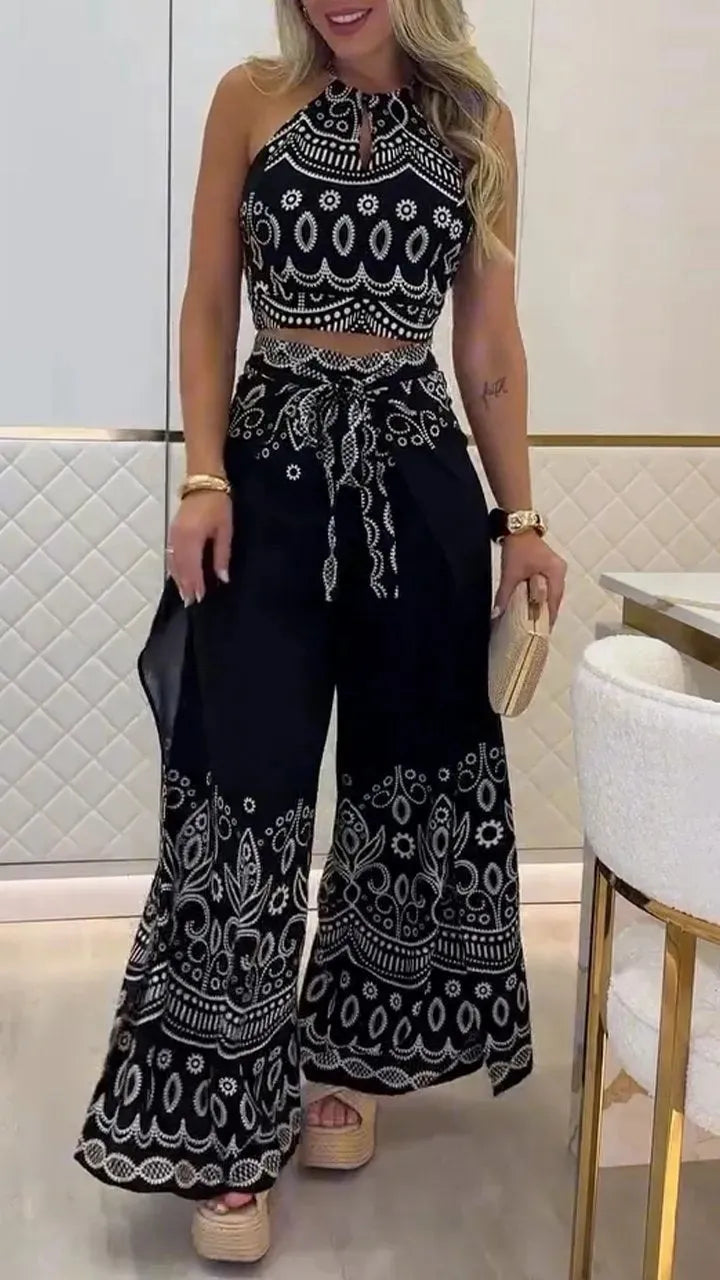 Women's Printed Sleeveless Top And Wide Leg Pants Two Piece Set Slimming Comfort Versatile Vacation Commute Ethnic Style Outfit