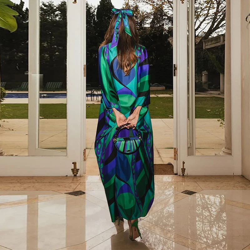 Casual Vacation Long Puff Sleeve V-neck Beach Dresses Fashion Printed Oversize Maxi Dress Women Lady Summer Bohemia Party Robes