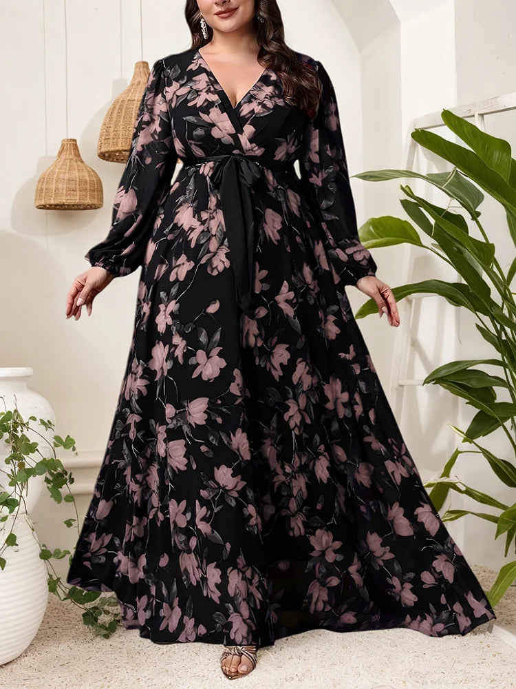 GIBSIE Plus Size Floral Print V-Neck Belted Dress Women Spring and Autumn Bohemian Vacation Long Sleeve Elegant Maxi Dresses