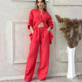 Women Two Piece Sets Spring Autumn Casual Long Sleeve Pocket Shirts 2 Piece Set Fashion Loose Wide Leg Pants OL Work Suit Outfit