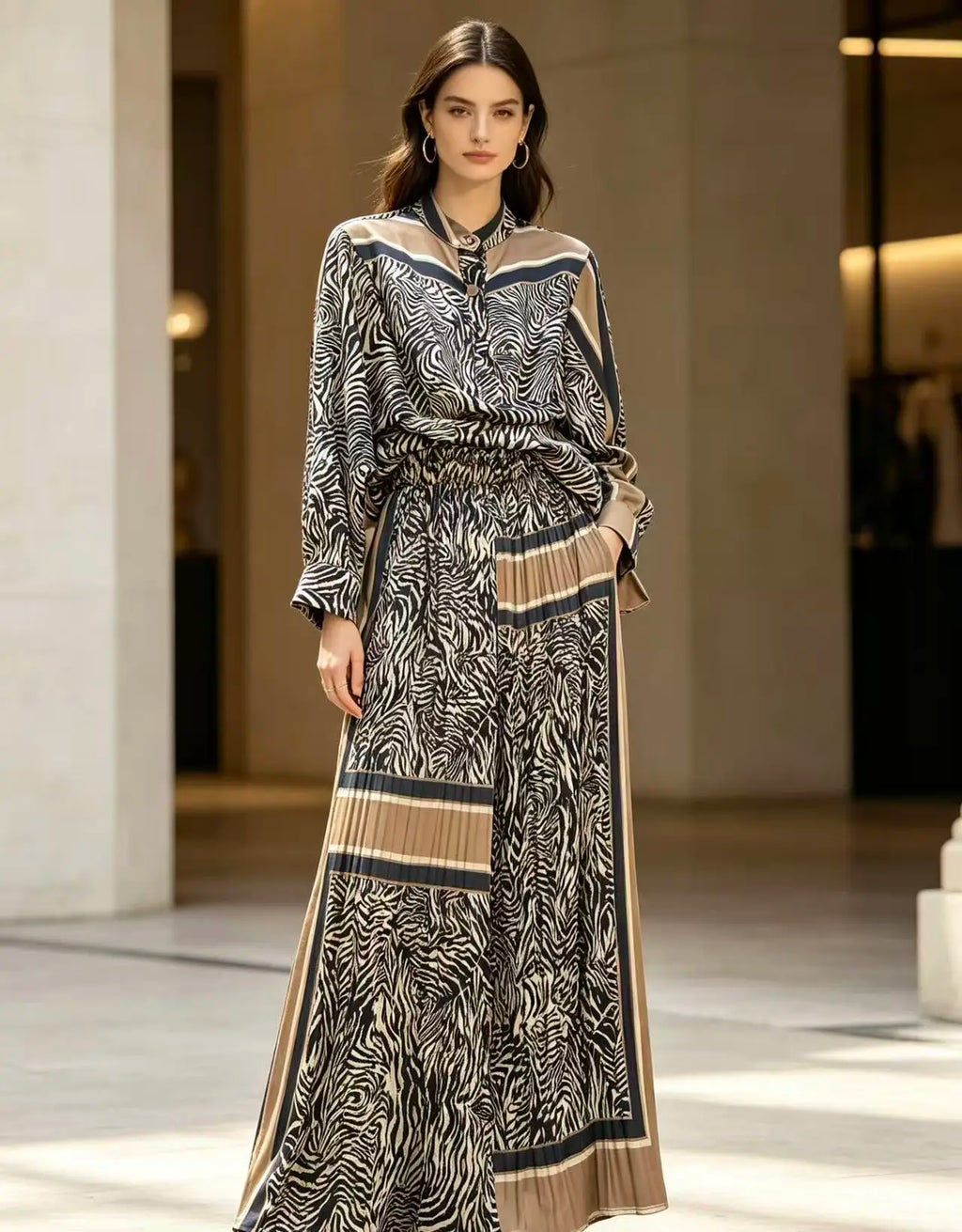 Summer Retro Print For Women Suit Chic and Elegant Outifits Top+High Waist Wide Leg Pleated Long Pants 2 Piece Set 2026