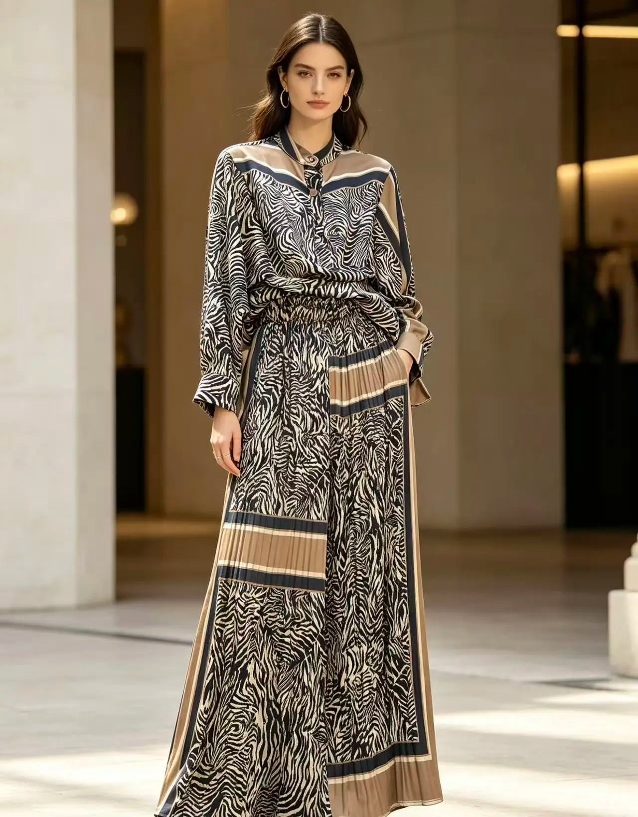 Summer Retro Print For Women Suit Chic and Elegant Outifits Top+High Waist Wide Leg Pleated Long Pants 2 Piece Set 2026