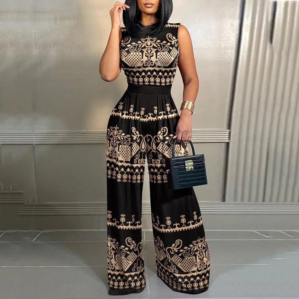 New 2023 Summer Casual Slim Fit  Pants Sleeveless Long Pants Women's High Waist Wide Leg Jumpsuit Comfortable Print