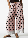 Women Y2K Retro Polka Dot Pants Lace Hem Elastic High Waist Drawstring Loose Fit Trousers Sweet French Style Vacation Bottoms