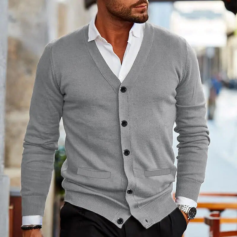 Spring Autumn Mens Solid Color Knitted Cardigan Fashion V-Neck Long Sleeve Slim Fit Sweater Coat with Pockets Men Knit Outwear