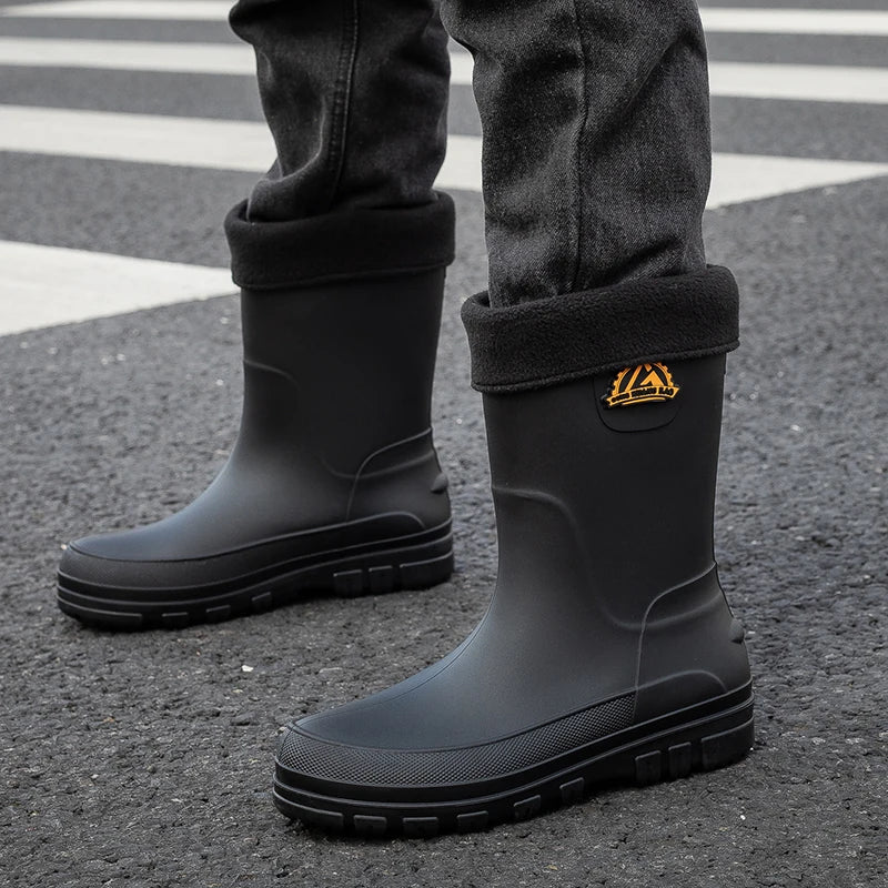 Men's Winter Fleece Lined Mid-Calf Rain Boots Anti-Slip Waterproof Work Rubber Boots Car Wash Fishing Outdoor Wear Water Shoes