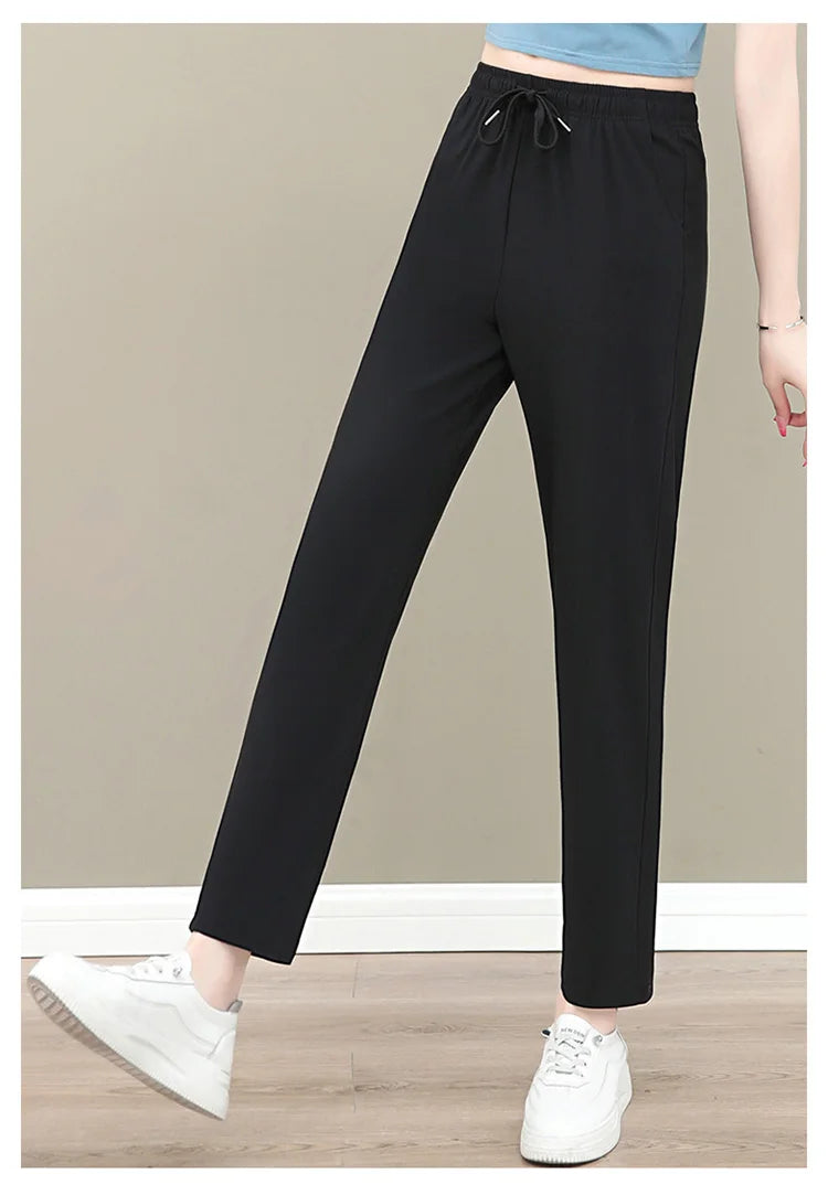New Women'S Fashion Loose Summer Thin Ice Silk Pants Mom'S Casual High Waist Comfortable Versatile Sports 9-Point Trousers