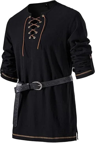Men Medieval Lace Up Linen Long Sleeve Tunic Viking Pirate Renaissance Cosplay Shirt With Vintage Embossed Leather Belt