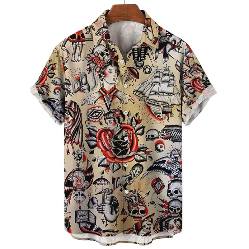 3D retro digital printed men's lapel short sleeved shirt