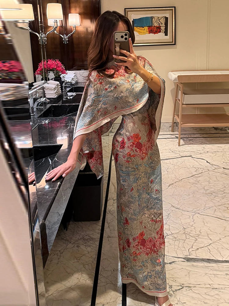 Women Floral Dress With Attached Shawl Cape Overlay Waisted Bodycon Maxi Dresses Fashion Elegant Commute 2026 Summer Autumn Gown