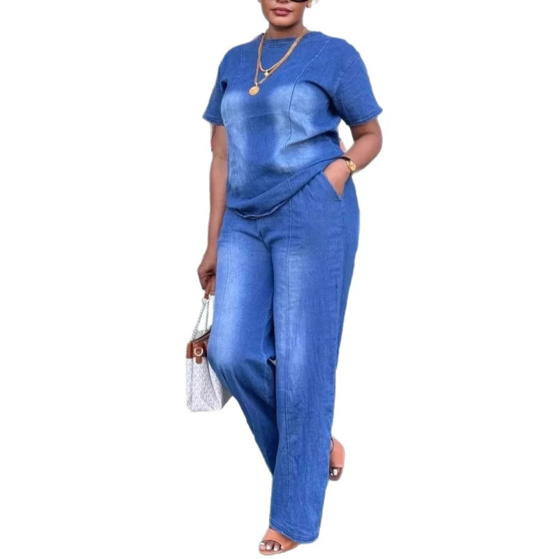 Women Pant Set Two Piece Sets Denim Round Neck Short Sleeve Tops Casual Loose Wide Leg Long Pants High Waist Y2k Streetwear