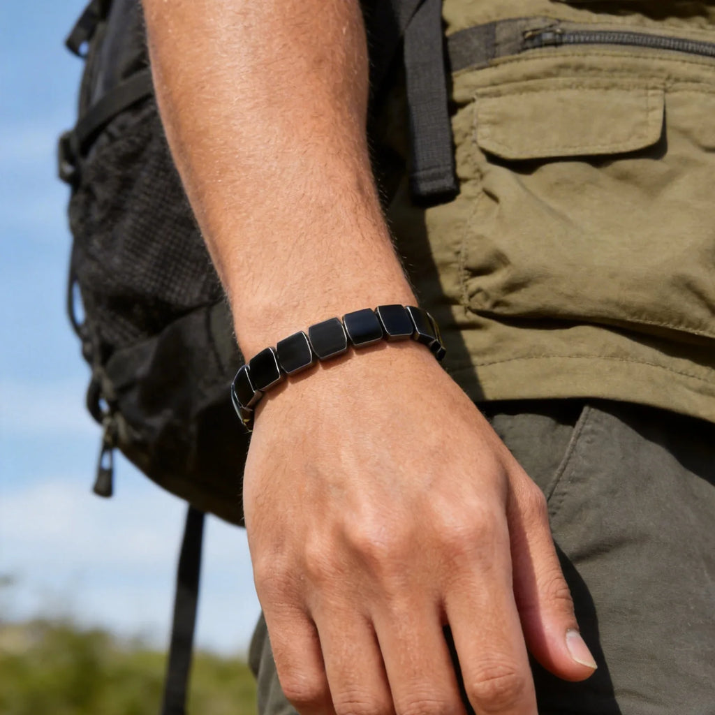 10mm Chunky Hematite Elastic Bracelet for Men,Black Natrual Stone Positive Energy Yoga Beaded Bracelet Gift