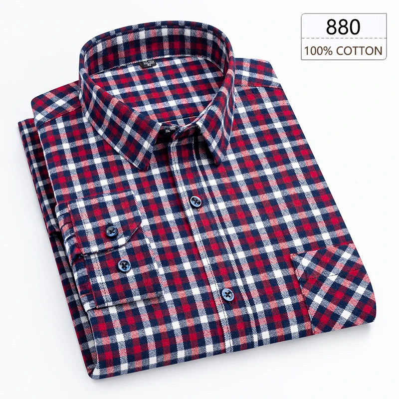 Men's Winter Chic Long Sleeve Shirt Cotton Flannel Plaid Button-Up Comfortable Warm Top for Business Casual Dress Shirts New