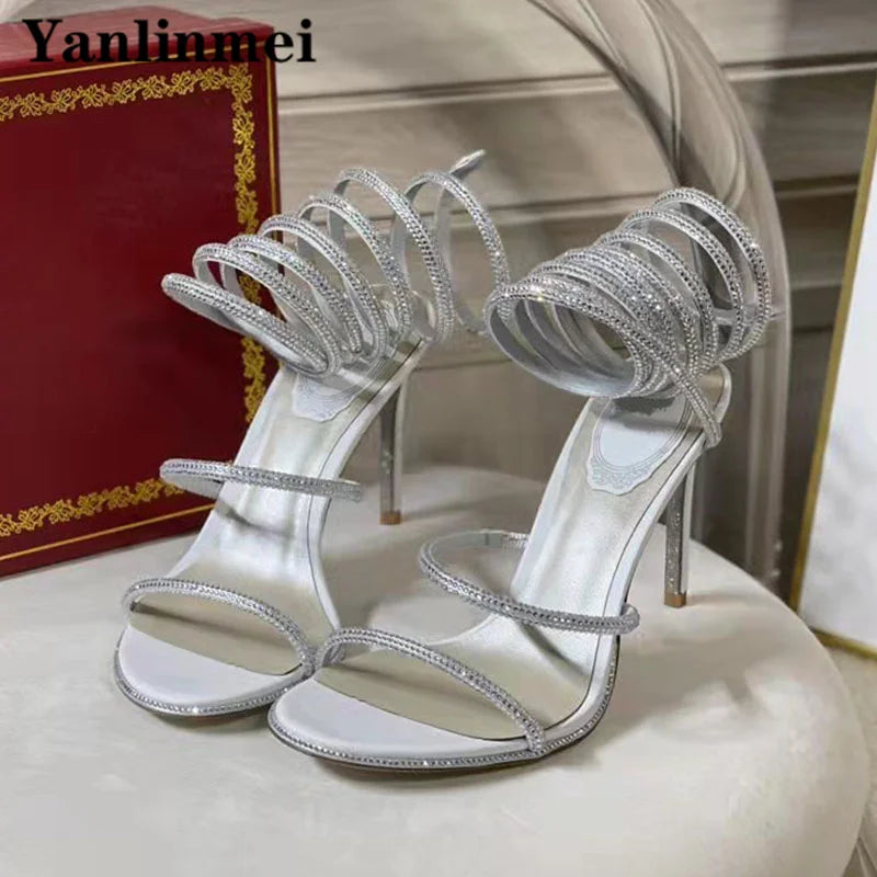 New Runway High Heels Sandals Women Crystal Decoration Ankle Strap Stiletto Shoes Woman Narrow Strap Gladiator Sandals Woman