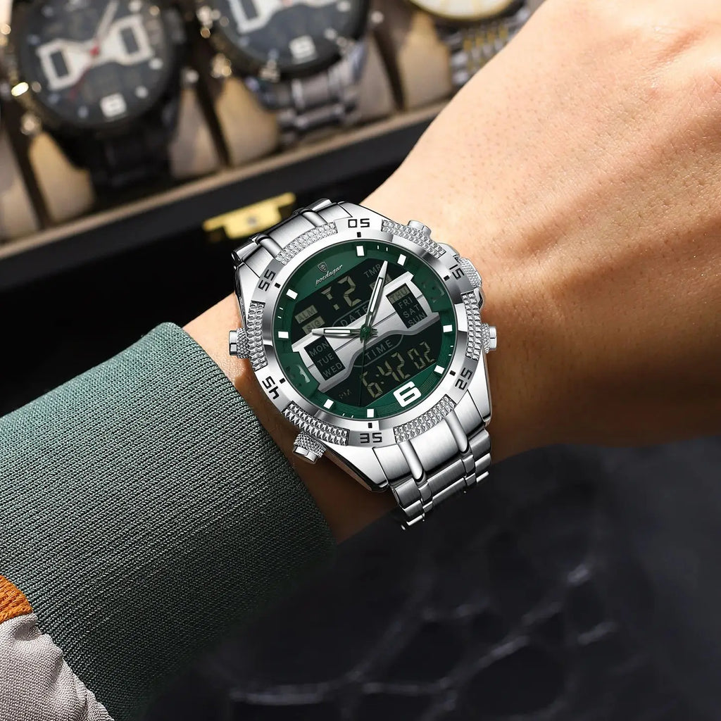 POEDAGAR LED Luxury Men Watch Sports Dual Time Display Digital Luminous Week Date Man Wristwatch Electronic Quartz Men's Watches