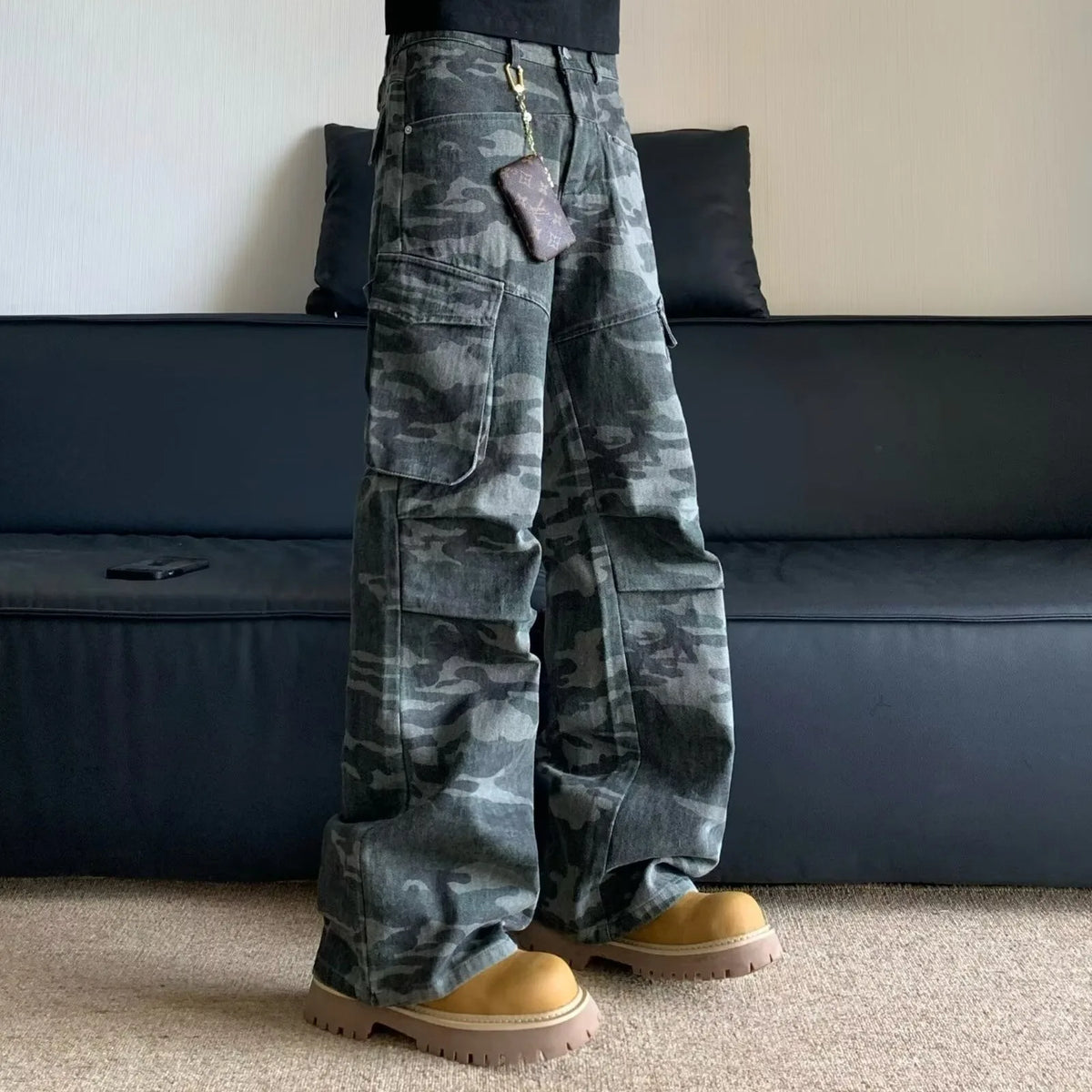 Summer Large Size American Retro Camouflage Work Pants Men's Loose Straight Leg Jeans with Diagonal Pockets Casual Long Trousers