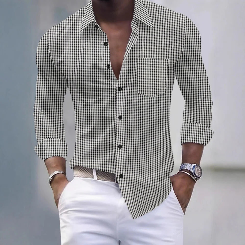 Spring Casual Turn-down Collar Shirts Men Vintage Long Sleeve Buttoned Cardigan Tops Autumn Stylish Plaid Print Men's Shirt
