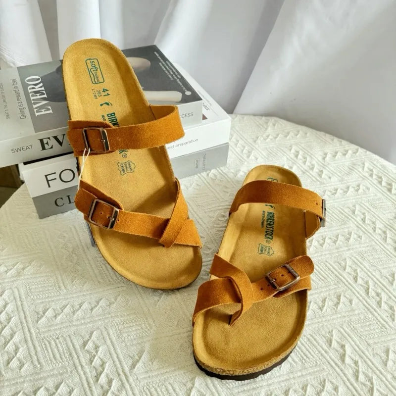 Summer Ins Hot Slippers New Women Cork Clogs Slippers Footbed Beach Sandals Outdoor Suede Clogs Sandals with Adjustable Buckle