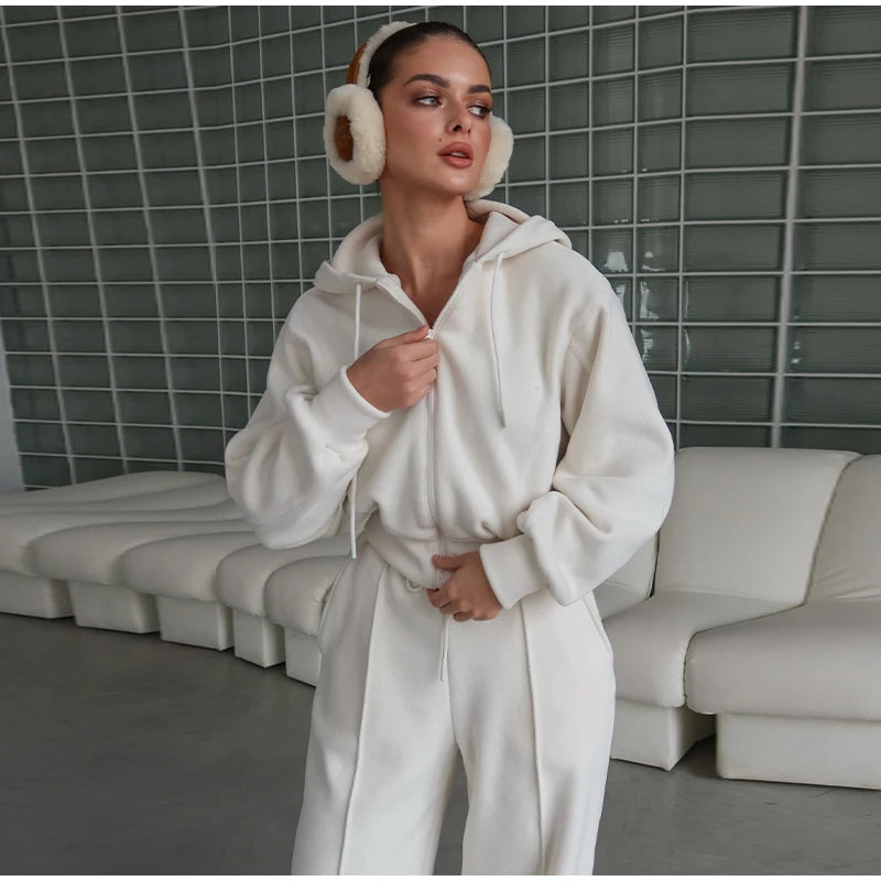 Casual Hooded Coats Long Pants Sets Women's Full Sleeve Draw-string Zipper Tops Wide-leg Trousers 2026 New Ladies Spring Outwear