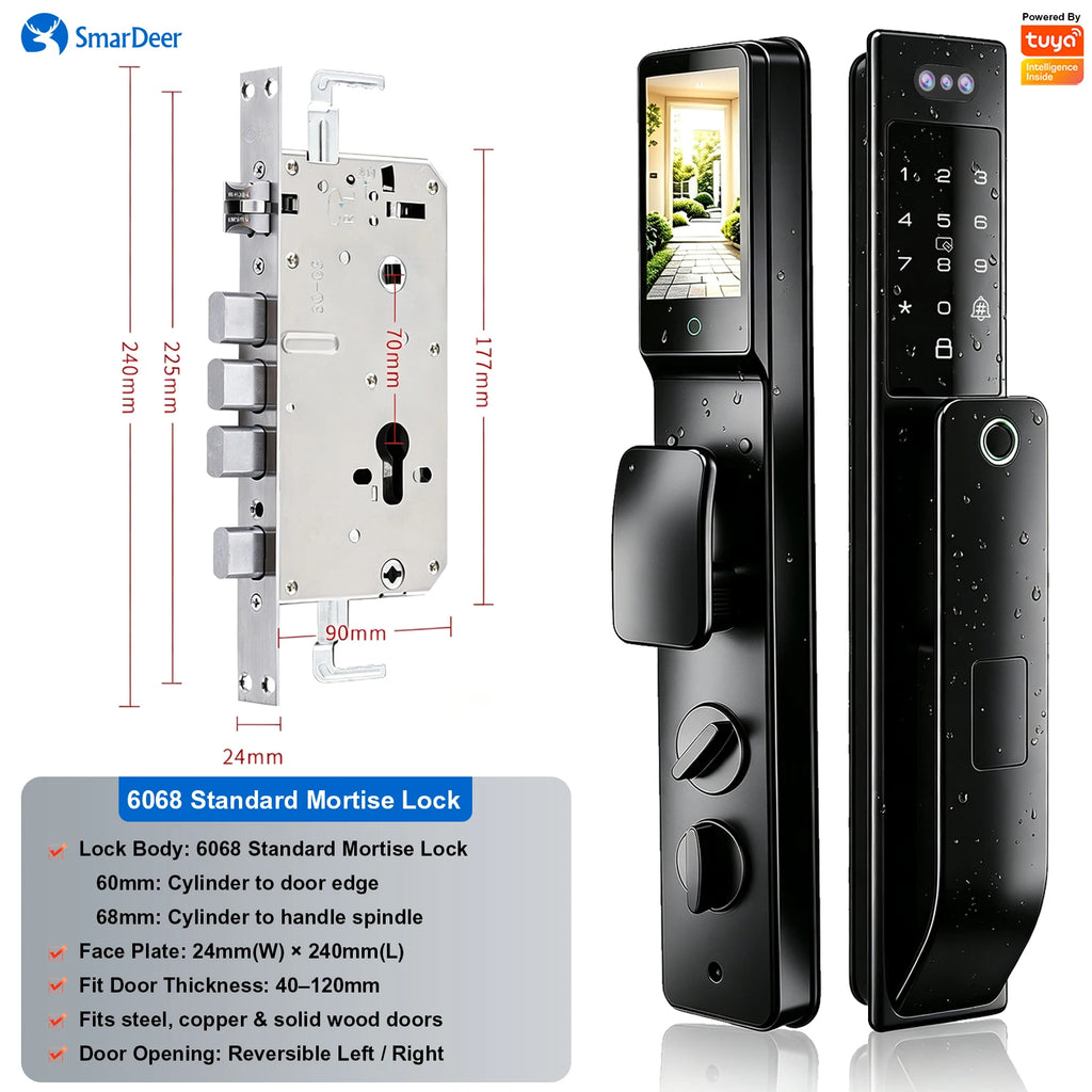 3D Face & Palm Vein Smart Door Lock, IP66 Waterproof Dual Biometric Lock, Fits Euro 6068/6085/5572 & Israel 6590 Lock Bodies