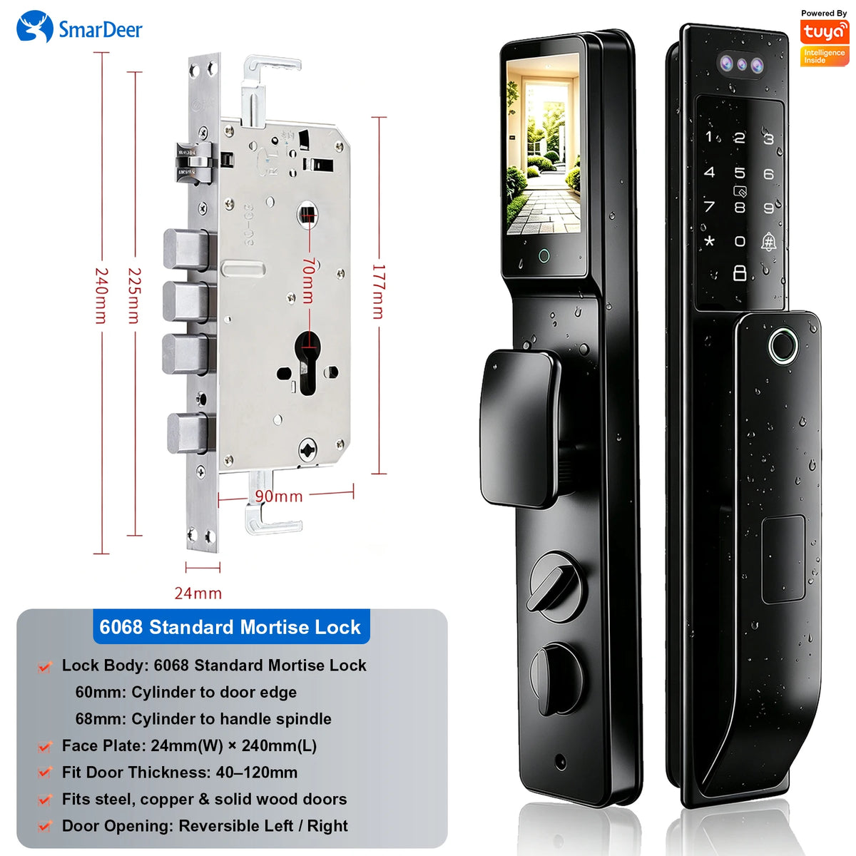 3D Face & Palm Vein Smart Door Lock, IP66 Waterproof Dual Biometric Lock, Fits Euro 6068/6085/5572 & Israel 6590 Lock Bodies