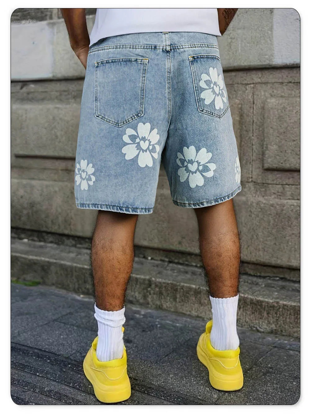 LIYS Fresh Delicate Style Flower Print Fashionable Wide Leg Men's Jeans Y2K Casual Elegant Bermuda Denim Shorts Couple Pants