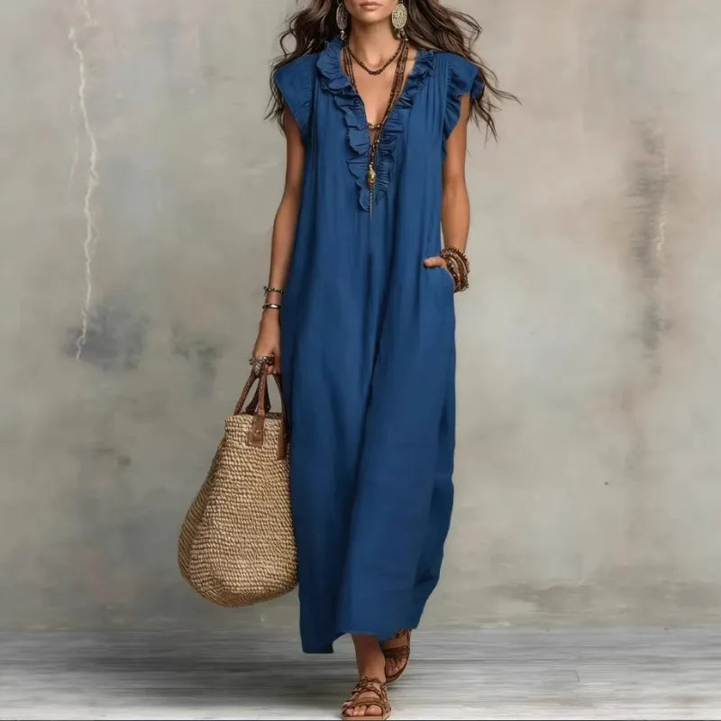 Women Spring Summer Boho Flutter Sleeve Floor Length Maxi Dress Elegant Beach Long Dress