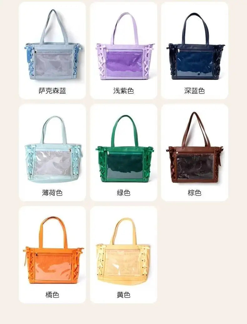 Japanese Sweet Women Ribbon Ita Bag Fashion Large Capacity Tote Bag Aesthetic Shoulder Bag Cute Lolita Girl Transparent Handbags