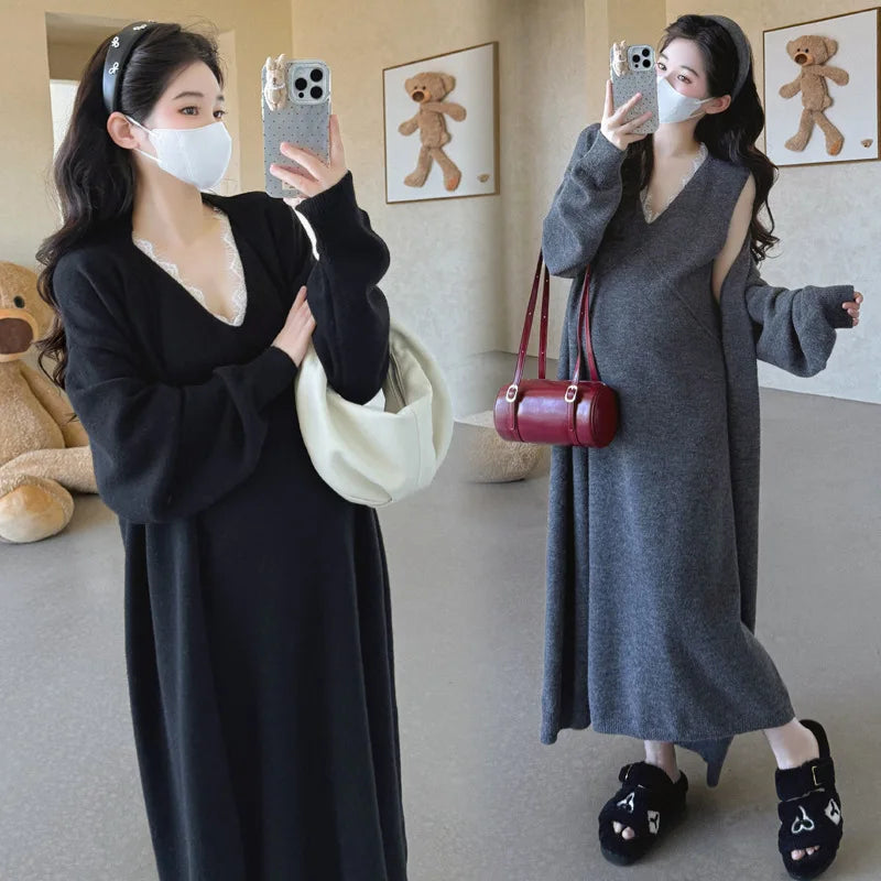 Maternity Suit  Autumn High-End Lazy Style Versatile Long Coat And Lace Paneled V Neck Straight Tank Dress Two Piece Set