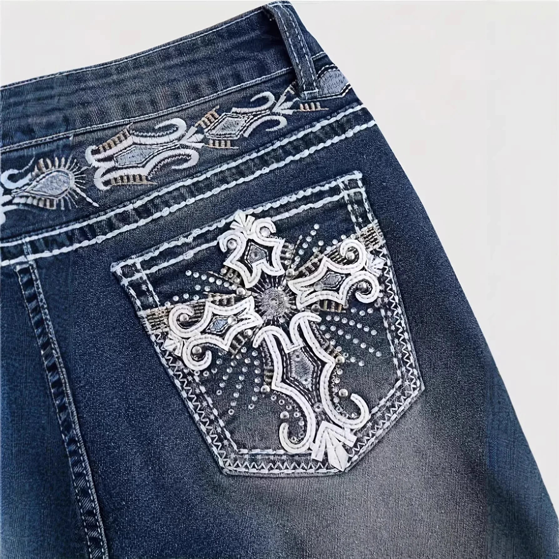 Denim Pant Women Bootcut Jeans Embroidery Vintage Washed Mid Waist Straight Trousers Slim Fit Y2k Streetwear Work Casual Summer