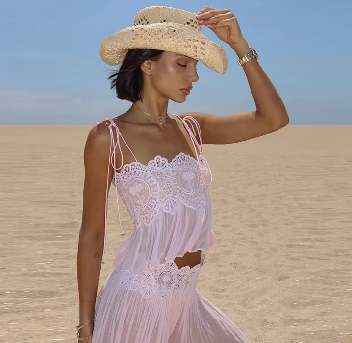 Women Pink Lace Double Strap Crop Top Two Piece Set Boho Sleeveless Flowy Matching Outfit 2026 Seaside Vacation Casual Outfits