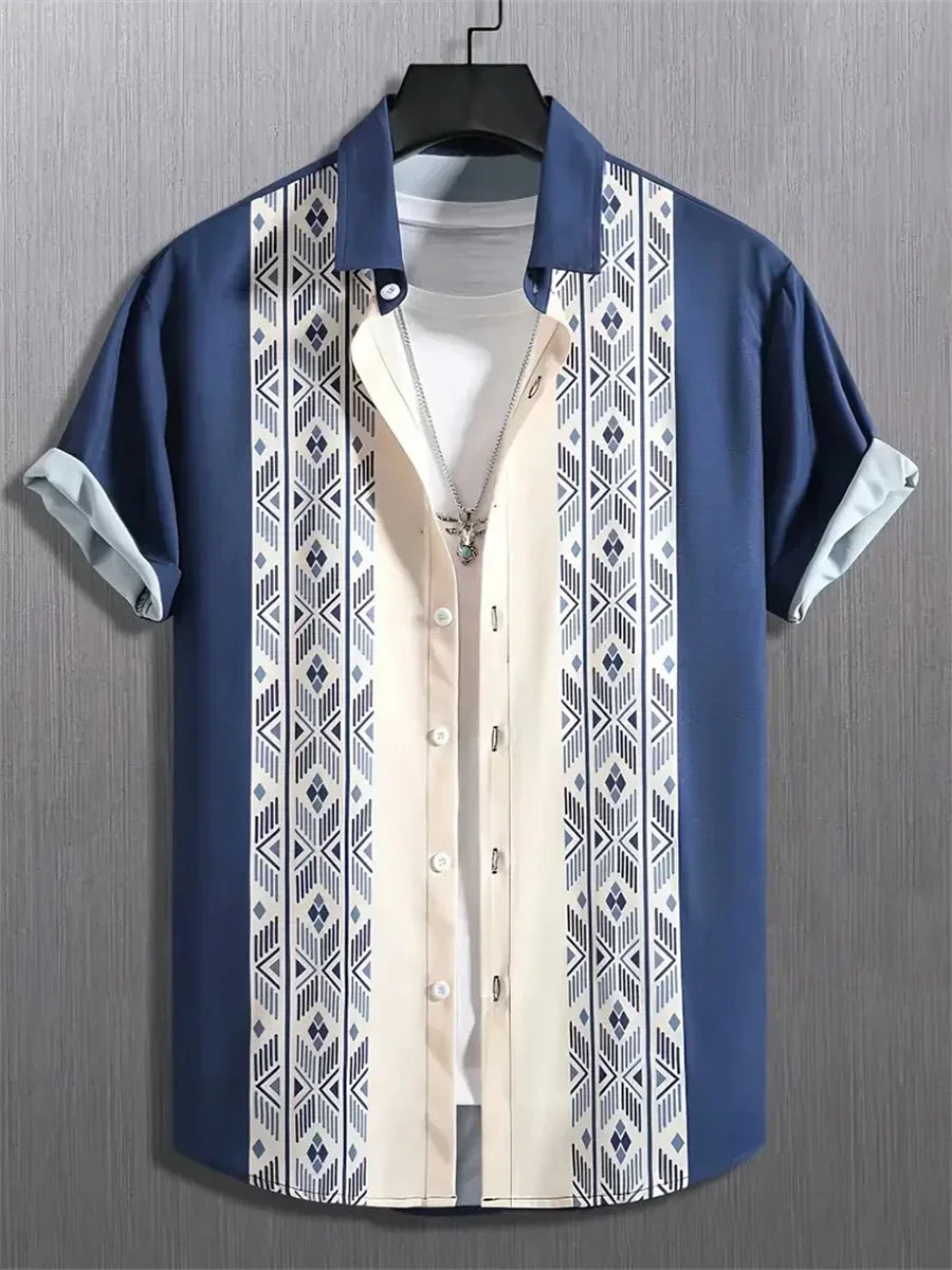 Men's Short-Sleeve Casual Loose-Fitting Lapel Hawaiian Shirt with Blue and White Porcelain Floral Print, New Summer Shirt