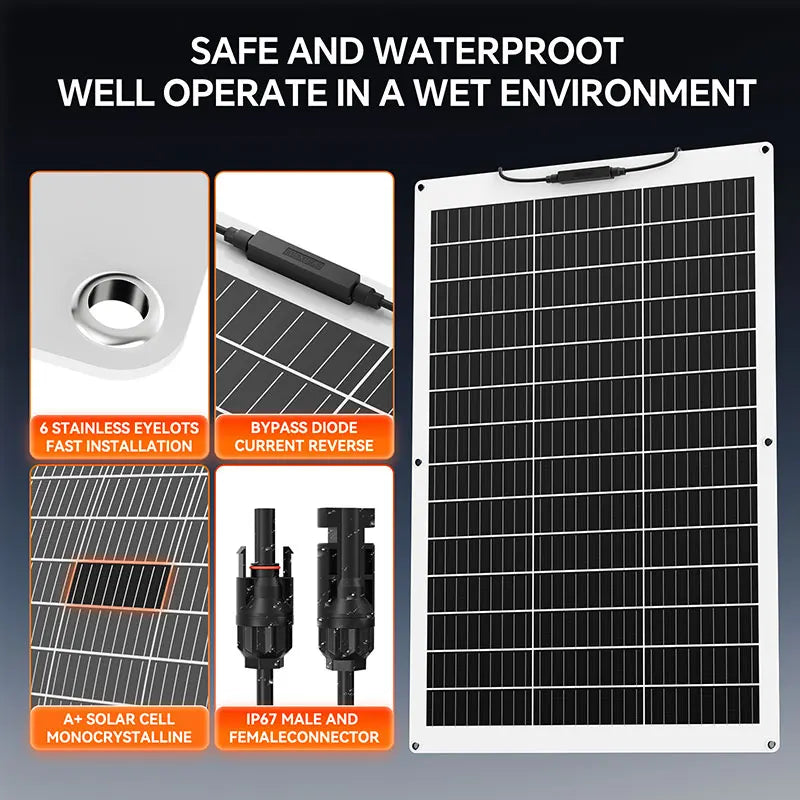 Flexible Solar Panels 150W Waterproof Monocrystalline Solar Panel Camping RV Home Charge 12V for Home RV Yacht Boat Car